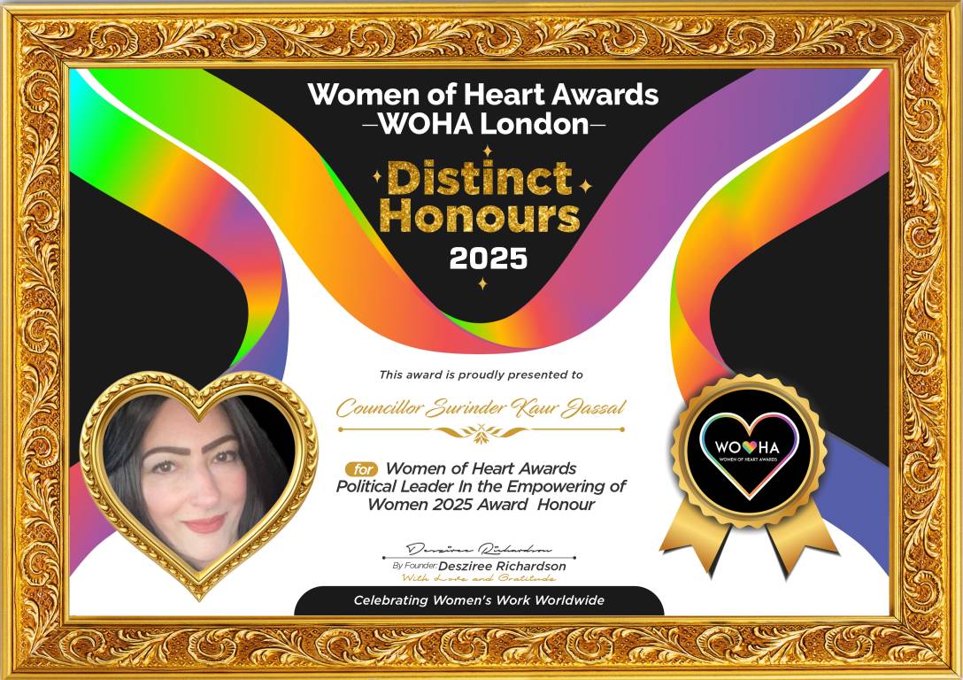 Councillor Surinder Kaur Jassal — original award certificate