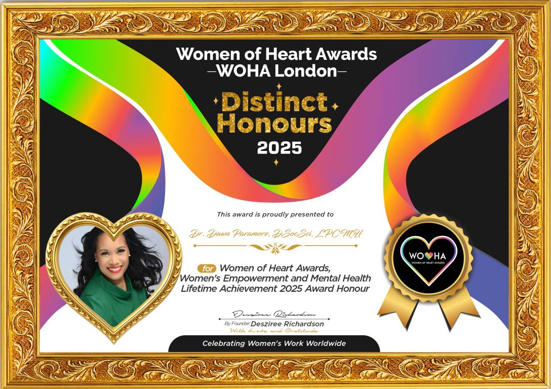 Dr. Dawn Paramore, BSocSci, LPCMH — original award certificate